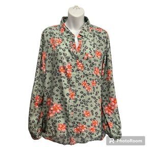 Velvet Heart Womens Button Up Top Size XL Green Multicolor Floral Leopard Print